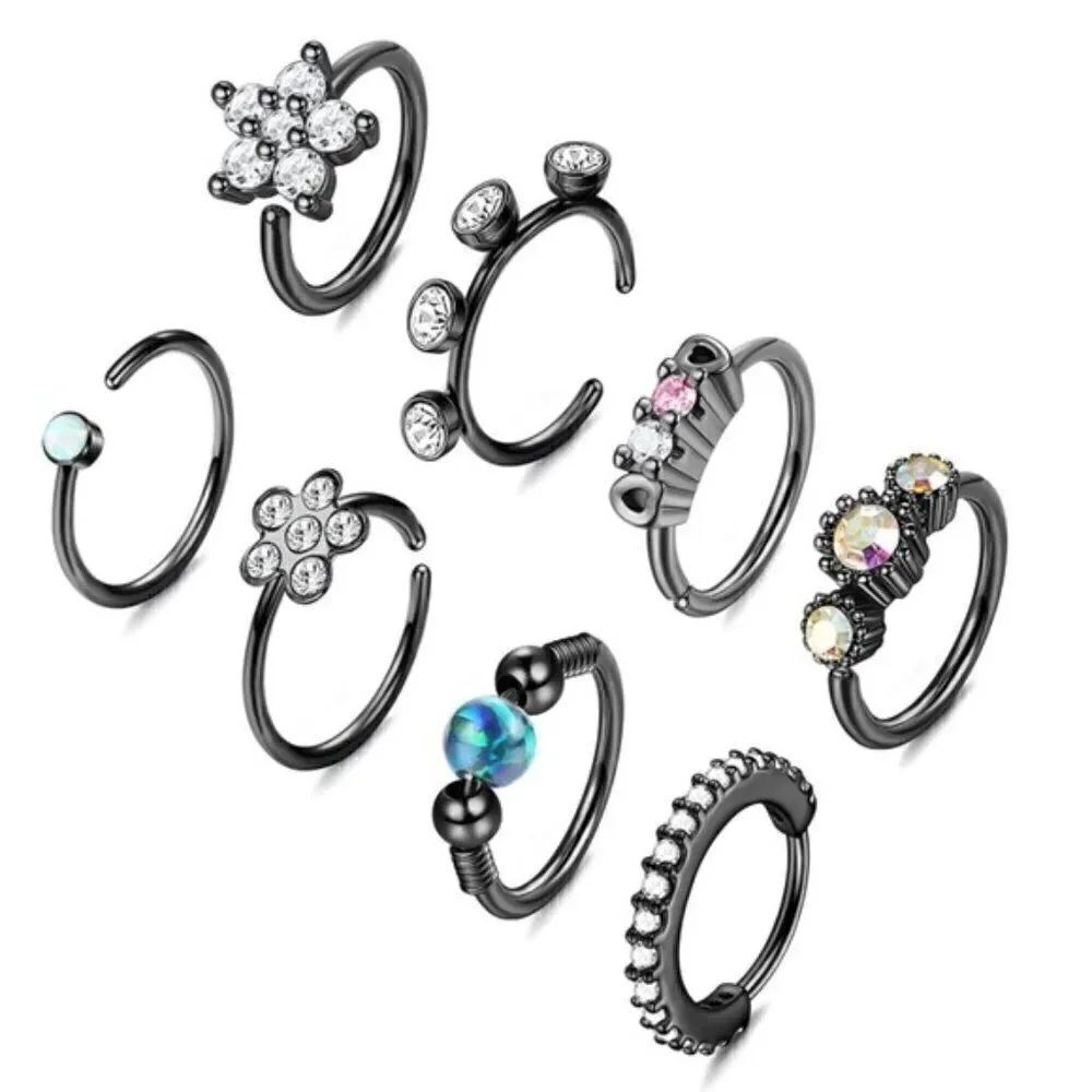 20G 316L Stainless Steel Black with Cubic Zircona Nose Hoop Rings - Set of 8